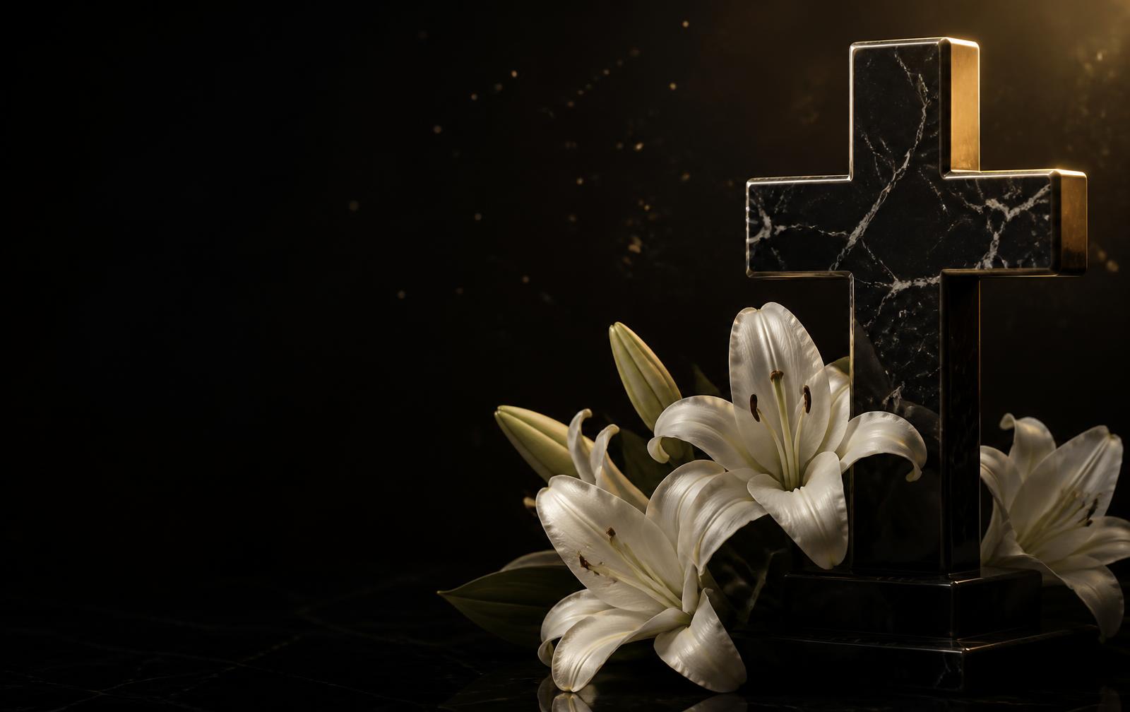 White lilies beside a black marble cross